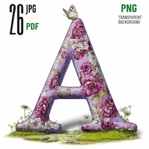 Può includere: Una lettera A maiuscola con una texture viola tratteggiata, sovrapposta a illustrazioni di peonie rosa e bianche. Una piccola farfalla riposa sulla punta superiore della lettera, circondata da piccole margherite bianche ed erba verde.