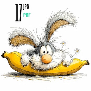Può includere: Un'illustrazione di un cartone animato di un coniglio grigio e marrone sdraiato in una banana gialla. Il coniglio ha un grande naso arancione e grandi occhi. Due piccoli fiori bianchi con centri gialli sono vicino al coniglio. L'immagine include il testo "17 JPG PDF".