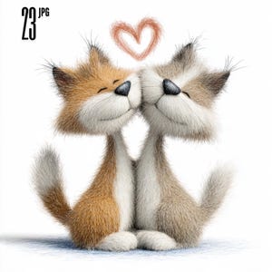 Può includere: Un'illustrazione digitale di due gatti dei cartoni animati, naso a naso, con gli occhi chiusi e sorridenti. Uno è arancione e bianco, l'altro grigio e bianco. Un disegno a forma di cuore fluttua sopra di loro. L'immagine ha il testo "23 JPG" nell'angolo in alto a sinistra.