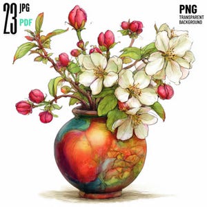 Può includere: Illustrazione ad acquerello di un vaso pieno di fiori bianchi, boccioli rossi e foglie verdi. Il vaso è un mix di tonalità rosse, arancioni e blu. L'immagine include anche il testo "23 JPG PDF" e "PNG TRANSPARENT BACKGROUND".