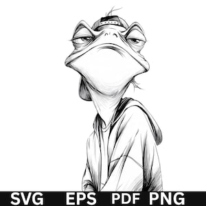 Può includere: Illustrazione in bianco e nero di una rana con un berretto da baseball al contrario e una felpa con cappuccio. La rana ha un'espressione annoiata. L'immagine include il testo "SVG EPS PDF PNG" in basso.