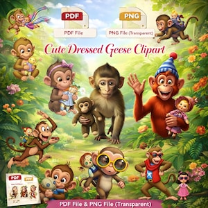 Cute Monkey Clipart Bundle – 29 Cartoon Monkey PNGs – PDF-Funny Monkey Characters for Kids Crafts and Stickers