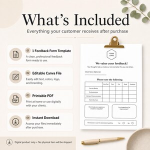Könnte beinhalten: Eine weiße Feedback-Formularvorlage mit einer goldenen Klemmmappe, einem Stift und dem Text "What's Included". Das Formular enthält Abschnitte für Kundenfeedback und -bewertungen. Das Bild hebt auch die Verfügbarkeit einer bearbeitbaren Canva-Datei, eines druckbaren PDFs und eines sofortigen Downloads hervor.