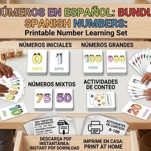 May include: A learning set for Spanish numbers, featuring flashcards with numbers from 0 to 900, mixed numbers, and counting activities. The set includes printable cards with the words for each number in Spanish. The text on the image says "Spanish Numbers: Printable Number Learning Set".