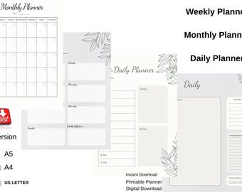 Planificador diario, semanal y mensual (PDF imprimible) / Planificador digital / Tamaño carta (A4, A5, EE. UU.) / Descarga instantánea