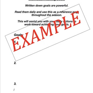 Pu&ograve; includere: Un foglio di carta bianco con il titolo "Individual Pitching Goals" in testo nero. La parola "EXAMPLE" &egrave; stampata in rosso sulla pagina. Il testo sotto il titolo recita: "Written down goals are powerful. Read them daily and use this as a reference page throughout the season."