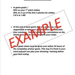 Pu&ograve; includere: Un foglio di carta bianco con il titolo "Goals Sheet Reminders" in testo nero. Il foglio include punti elenco che dettagliano gli obiettivi di lancio del baseball e promemoria per la revisione delle prestazioni. Un timbro rosso "EXAMPLE" &egrave; sulla pagina.