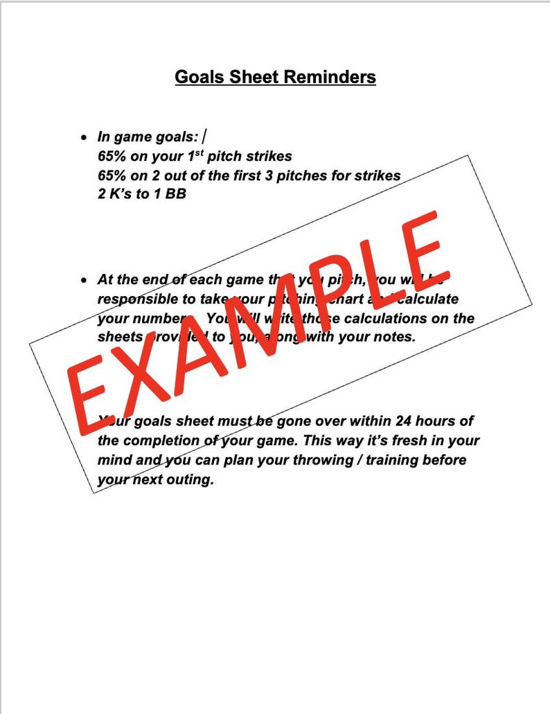 Pu&ograve; includere: Un foglio di carta bianco con il titolo "Goals Sheet Reminders" in testo nero. Il foglio include punti elenco che dettagliano gli obiettivi di lancio del baseball e promemoria per la revisione delle prestazioni. Un timbro rosso "EXAMPLE" &egrave; sulla pagina.