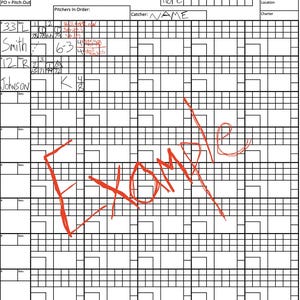 May include: A baseball pitching chart with a grid layout for tracking pitches. Includes sections for team names, innings, and pitcher data. The word "EXAMPLE" is written across the chart in red.