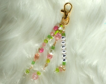 Garden Petals Keychain | Pink and Green | Handmade Beaded Keychain | Cute Bag Charm | Colorful Accessory