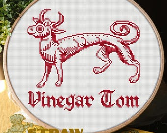 Medieval Woodcut Vinegar Tom Witch Familiar Folklore Cross Stitch Pattern PDF