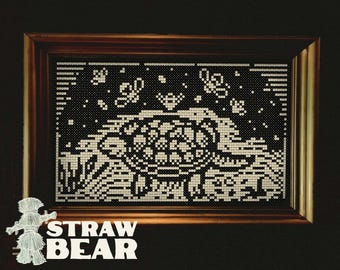 Medieval Woodcut Turtle and Bees Folklore Cross Stitch Pattern PDF