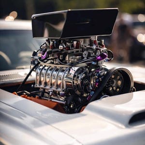 May include: Close-up of a high-performance car engine. The engine is chrome with purple and black accents, and a large black air intake. The engine sits in a white car with an orange engine bay.