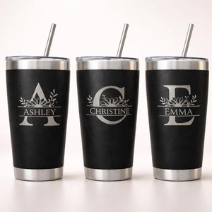 Gobelet prénom personnalisé 20oz gravure laser initiales, gobelet inox fleurs, cadeau femme,gobelet a eau métal avec couvercle et paille