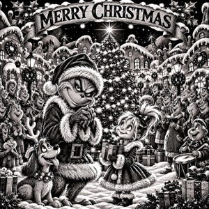 May include: A black and white illustration featuring a central character in a Santa suit, a young child holding a gift, and a dog with reindeer antlers. The scene includes a decorated Christmas tree, a snowy village, and a banner reading MERRY CHRISTMAS.