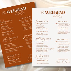 May include: Two wedding weekend details cards. One is burnt orange, the other is off-white. Both have the text "The Weekend Details" at the top. The cards list the schedule for Friday, Saturday, and Sunday, including the ceremony and reception.
