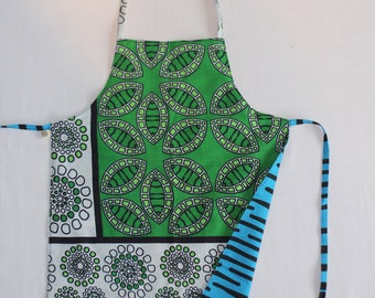 Reversible Child Apron, African Khanga - Green Bubbles and Purple Aqua Blobs, Small Kids Apron