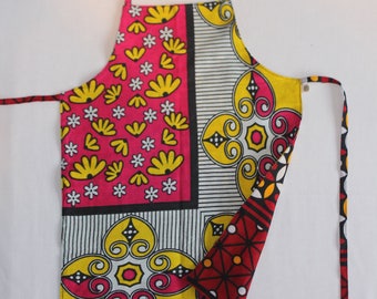 Reversible Child Apron, Kanga - Yellow Pink Flowers and Burgundy Circles, Small Kids Apron