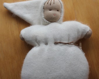 Waldorf Style Baby Bunting Doll, Cream Upcycled Wool Waldorf Sleeping Baby Doll, Steiner Baby Bunting Doll