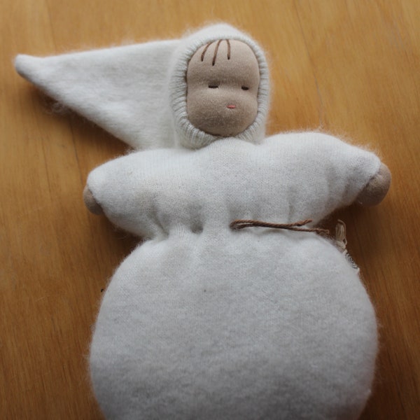 Waldorf Style Baby Bunting Doll, Cream Upcycled Wool Waldorf Sleeping Baby Doll, Steiner Baby Bunting Doll