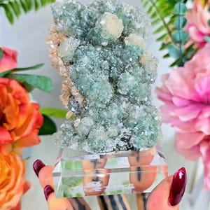 May include: A cluster of raw, light green and pale beige crystalline mineral formations with a textured, jagged surface. The mineral specimen is securely mounted on a clear, rectangular acrylic base that provides a stable display platform.