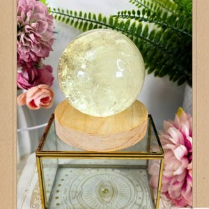 May include: A large, clear crystal ball rests on a wooden stand, displayed within a glass and gold-framed box. The stand is labelled "LED - Light Stand BIG". The background includes pink flowers and green foliage, creating a decorative display.
