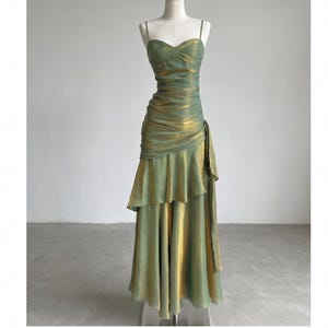 Vintage Style Ruched Green Long Dress with Metallic Luster, Layered Asymmetrical Hem Evening Gown, Shimmering Spaghetti Strap Party Dress