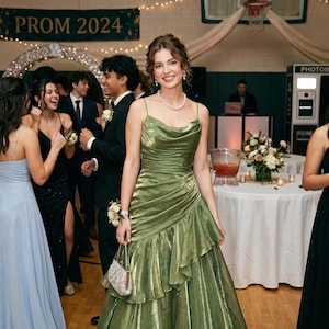 Op de afbeelding: Een jonge vrouw in een glanzende olijfgroene galajurk met een watervalhalslijn en een rok met ruches. Ze houdt een kleine, met kralen bezette tas vast. Andere mensen zijn in avondkleding, en een banner leest "PROM 2024".