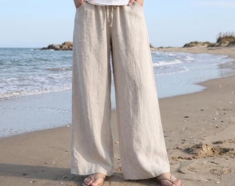 Linen pants for women, wide leg spring outfit trousers, drawstring waist beach pants, natural cream pants