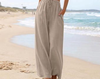 Linen Wide Leg Pants for Women - High Waisted Drawstring Loose Trousers, Casual Beach Pants, Comfortable Spring Summer Bottoms