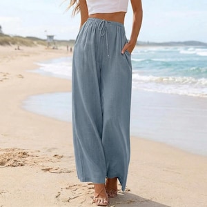 Linen Wide Leg Pants for Women - High Waisted Drawstring Loose Trousers, Casual Beach Pants, Comfortable Spring Summer Bottoms