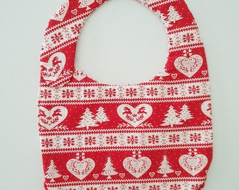 Organic Reversible Christmas Bib for Baby with Red Pattern and Red Trim