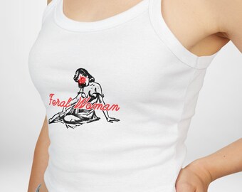 Feral Woman Feminist Tank Top, Vintage Style Dark Humor Crop Top
