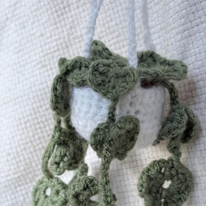 Può includere: Un portavaso all'uncinetto fatto a mano con un vaso bianco con foglie e viti verdi. Le foglie hanno una forma a cuore e le viti pendono. Il portavaso è sospeso da filo bianco.