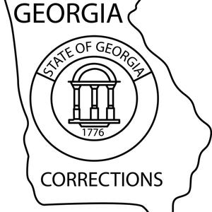 May include: Black and white graphic of the state of Georgia with the words "GEORGIA" and "CORRECTIONS". Inside the state outline is a circular emblem with the words "STATE OF GEORGIA" and a depiction of a building with columns. The number "1776" is below the building.
