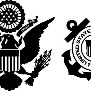 May include: A black graphic design featuring the Great Seal of the United States on the left, showing an eagle with a shield, olive branch, and arrows, and the United States Coast Guard emblem on the right, featuring an anchor and shield.