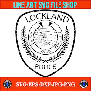 Peut inclure: Graphique vectoriel noir et blanc d'un insigne de police avec le texte "LOCKLAND POLICE". L'insigne représente un aigle, le drapeau américain et les mots "Justice" et "Égalité". L'image comprend également le texte "LINE ART SVG FILE SHOP" et "SVG-EPS-DXF-JPG-PNG".