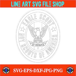 Pode incluir: Um desenho de arte linear em preto e branco do emblema Eagle Scout para os Escoteiros da América. O desenho inclui uma águia, estrelas e o texto "EAGLE SCOUT" e "BOY SCOUTS OF AMERICA". A imagem também inclui o texto "LINE ART SVG FILE SHOP" e "SVG-EPS-DXF-JPG-PNG".