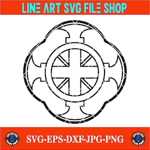 May include: Black and white line art design featuring a cross within a circle, surrounded by an ornate, symmetrical border. The design includes the text "LINE ART SVG FILE SHOP" and "SVG-EPS-DXF-JPG-PNG".