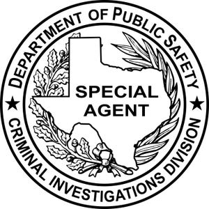 Op de afbeelding: Zwart-wit rond zegel voor het Department of Public Safety, Criminal Investigations Division. Het zegel toont de omtrek van de staat Texas, de woorden "SPECIAL AGENT" en omringende tekst.