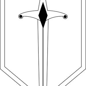 May include: A black and white illustration of a sword within a shield. The sword has a diamond-shaped element in the center of the hilt and circular details on the crossguard. The shield has a pointed bottom.