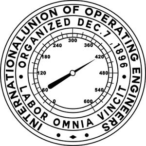 May include: A black and white circular emblem with the text "INTERNATIONAL UNION OF OPERATING ENGINEERS" and "LABOR OMNIA VINCIT". A gauge with a needle pointing to the right.