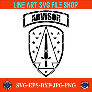 May include: Black and white SVG file design featuring a shield with a sword, stars, and the word "ADVISOR". The design includes the text "LINE ART SVG FILE SHOP" and "SVG-EPS-DXF-JPG-PNG".