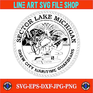 Könnte beinhalten: Schwarz-weißes Linienkunst-Design mit einem kreisförmigen Emblem mit dem Text "Sector Lake Michigan Brew City Maritime Guardians". Das Emblem enthält ein Boot, eine Figur und den Text "U.S. Coast Guard". Das obere Banner lautet "LINE ART SVG FILE SHOP".