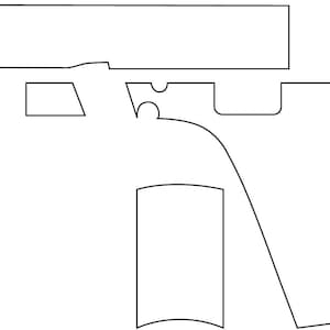 Puede incluir: Un dibujo lineal en blanco y negro que sirve como plantilla para los componentes de la empuñadura y la corredera de una pistola. La imagen muestra un contorno minimalista del armazón, un panel de empuñadura rectangular y secciones de corredera.
