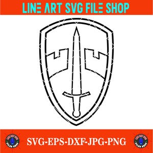 Op de afbeelding: Zwart-wit lijntekening van een schild met een zwaard en kasteeltorens. De afbeelding bevat de tekst "LINE ART SVG FILE SHOP" en "SVG-EPS-DXF-JPG-PNG".