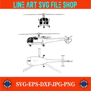 May include: Black and white line art illustrations of three helicopters. The top image shows a helicopter from a front view. The middle image shows a side view. The bottom image shows a different helicopter from a side view. The text "LINE ART SVG FILE SHOP" is at the top.