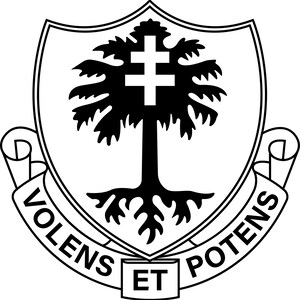 Puede incluir: Un escudo heráldico en blanco y negro que presenta un árbol con una doble cruz en la parte superior, dentro de un escudo. Las palabras "VOLENS ET POTENS" se muestran en una pancarta debajo del escudo.