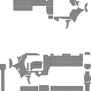 Może przedstawiać: Czarno-białe naklejki w kształcie pistoletu. Naklejki są wycięte w różnych kształtach i rozmiarach, zaprojektowane tak, aby pasowały do konturów broni palnej. Wzór to powtarzalny geometryczny wzór, tworzący teksturowany wygląd.