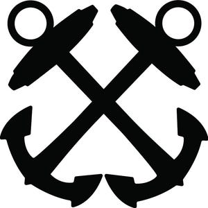 Puede incluir: Gráfico negro de dos anclas cruzadas. Cada ancla tiene un anillo en la parte superior y una parte inferior curvada. Las anclas están posicionadas en forma de X sobre un fondo blanco. Tema náutico.